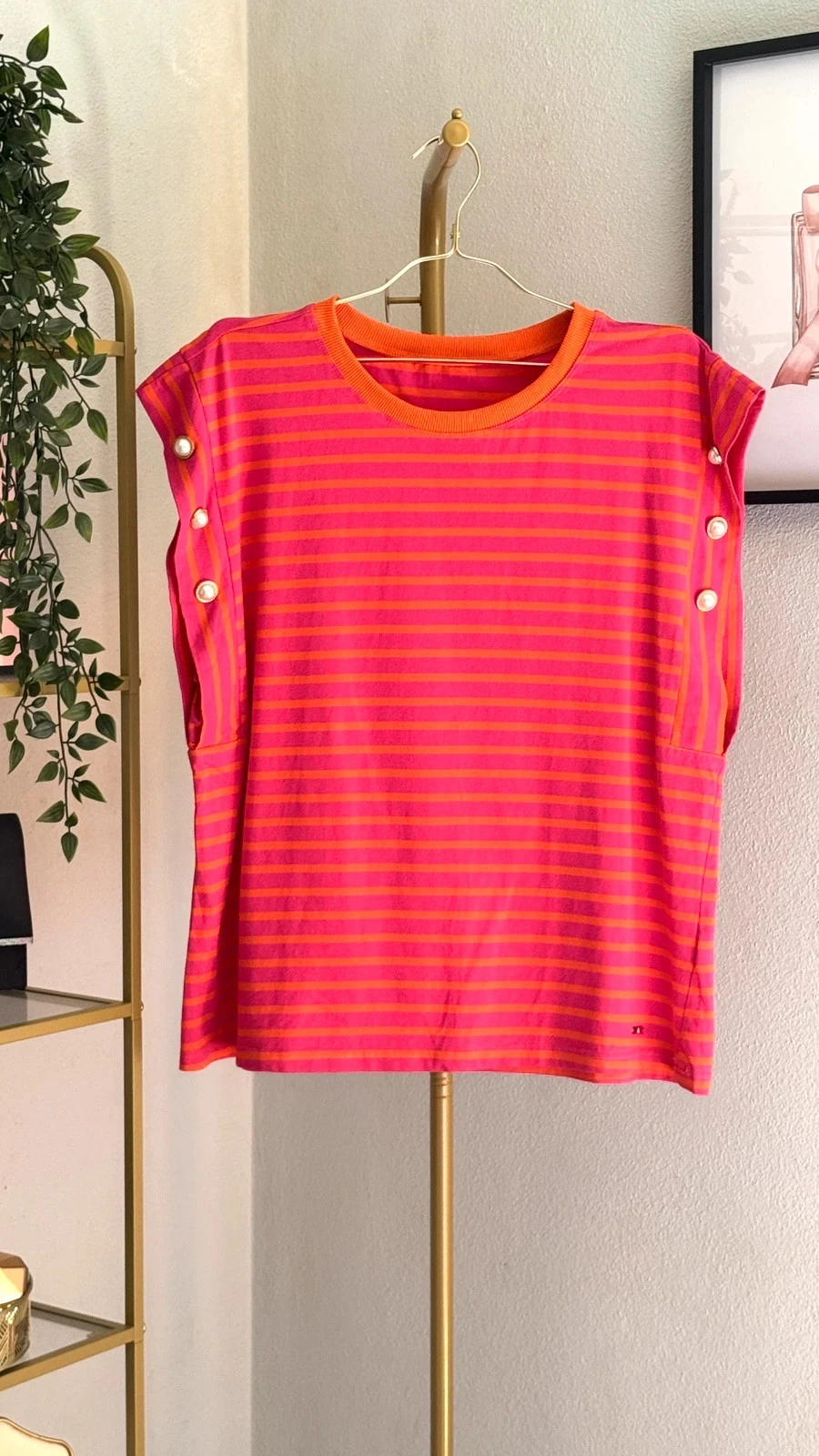 Lindo T-Shirt Túnica Ás de Riscas Rosa e Laranja • L/XL • TN281